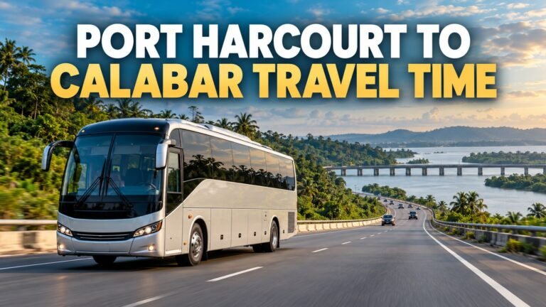 Intercity coach travelling from Port Harcourt to Calabar with travel-time text