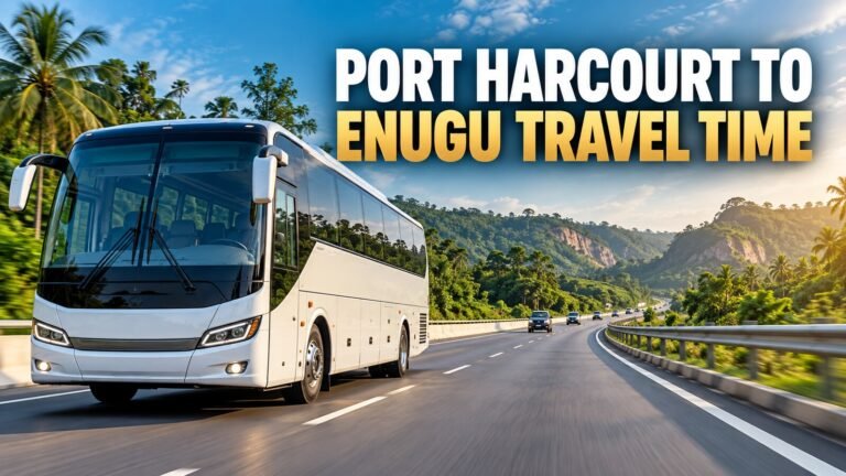 Commercial bus on the Port Harcourt to Enugu route with travel-time text