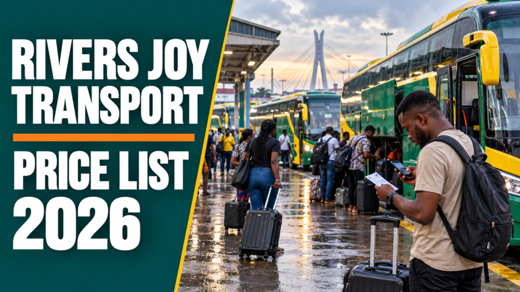 Interstate bus leaving Port Harcourt with Rivers Joy Transport Price List 2026 text