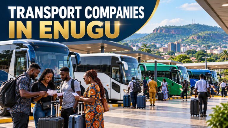 Several intercity buses and passengers at an Enugu transport hub