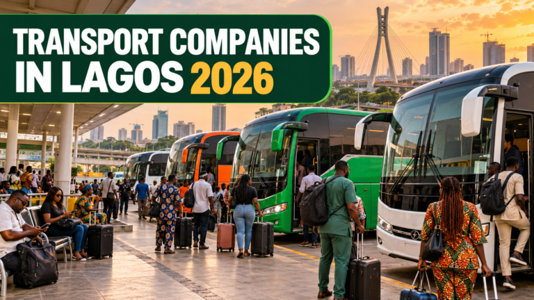 Busy Lagos interstate coach park with Transport Companies in Lagos 2026 text