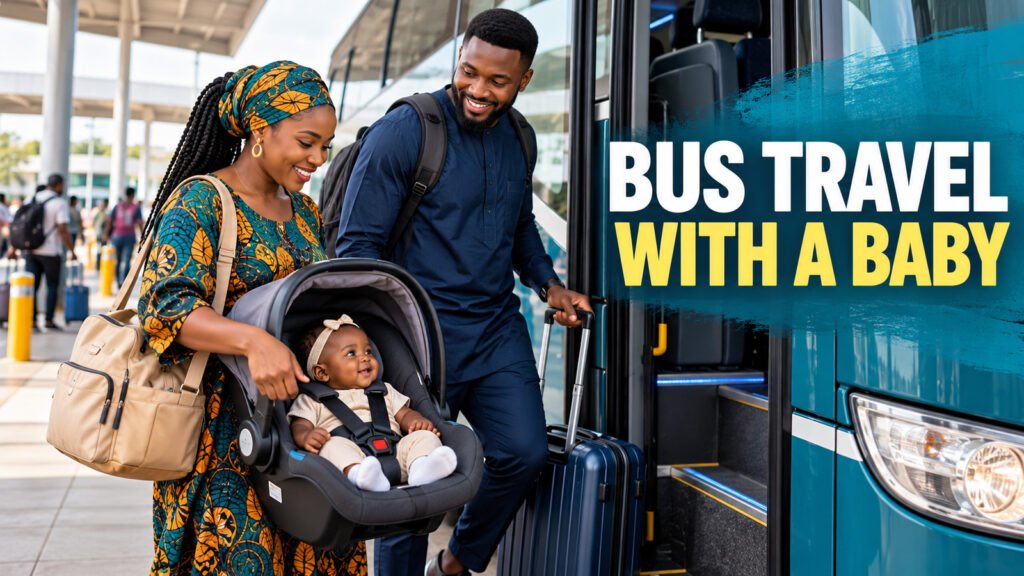 Nigerian parent travelling safely with a baby on an intercity bus