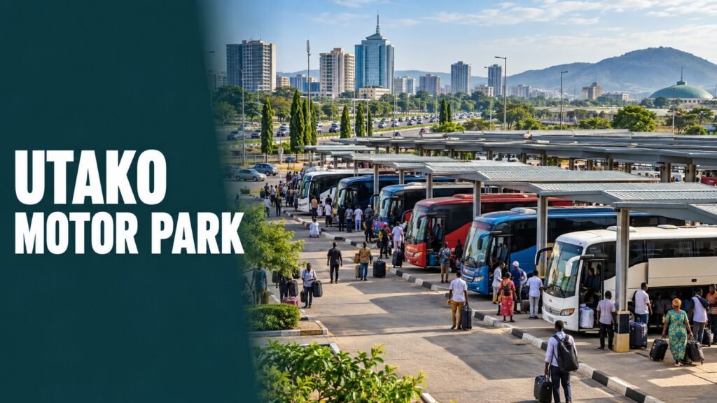 Utako motor park area in Abuja with intercity coaches and passengers